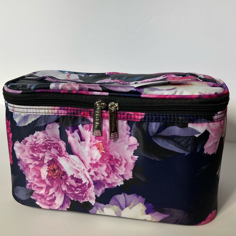 Modella Cosmetic Train Case in Midnight Blue & Pink Floral Pattern with Handle